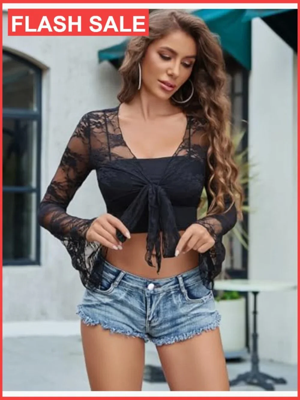 Lace Crop Cardigan Shrug Bell Sleeve Tie Front Sheer Bolero Going Out Top - Picture 6 of 6